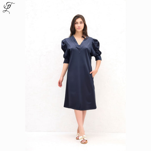 Chastar Tricot Jurk met Pofmouwen in donkerblauw met V-hals en comfortabele rechte pasvorm, elegante stijl voor verschillende gelegenheden