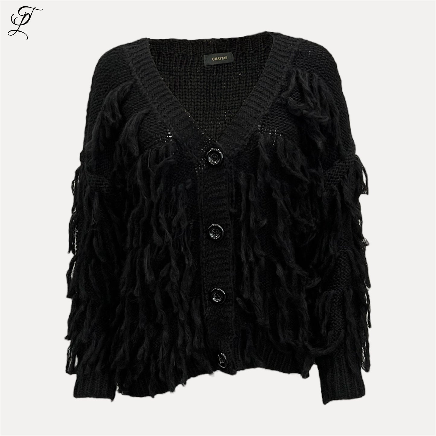 Zwart Chastar Fringe Knit vest met losse franjes, knoopsluiting en V-hals voor veelzijdige herfststijl.