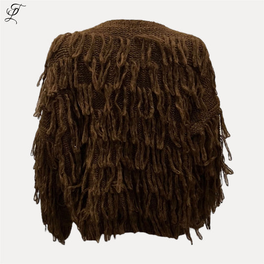 Chastar Fringe knit vest in bruin met losse breisel en speelse franjes uit de herfst collectie vesten.