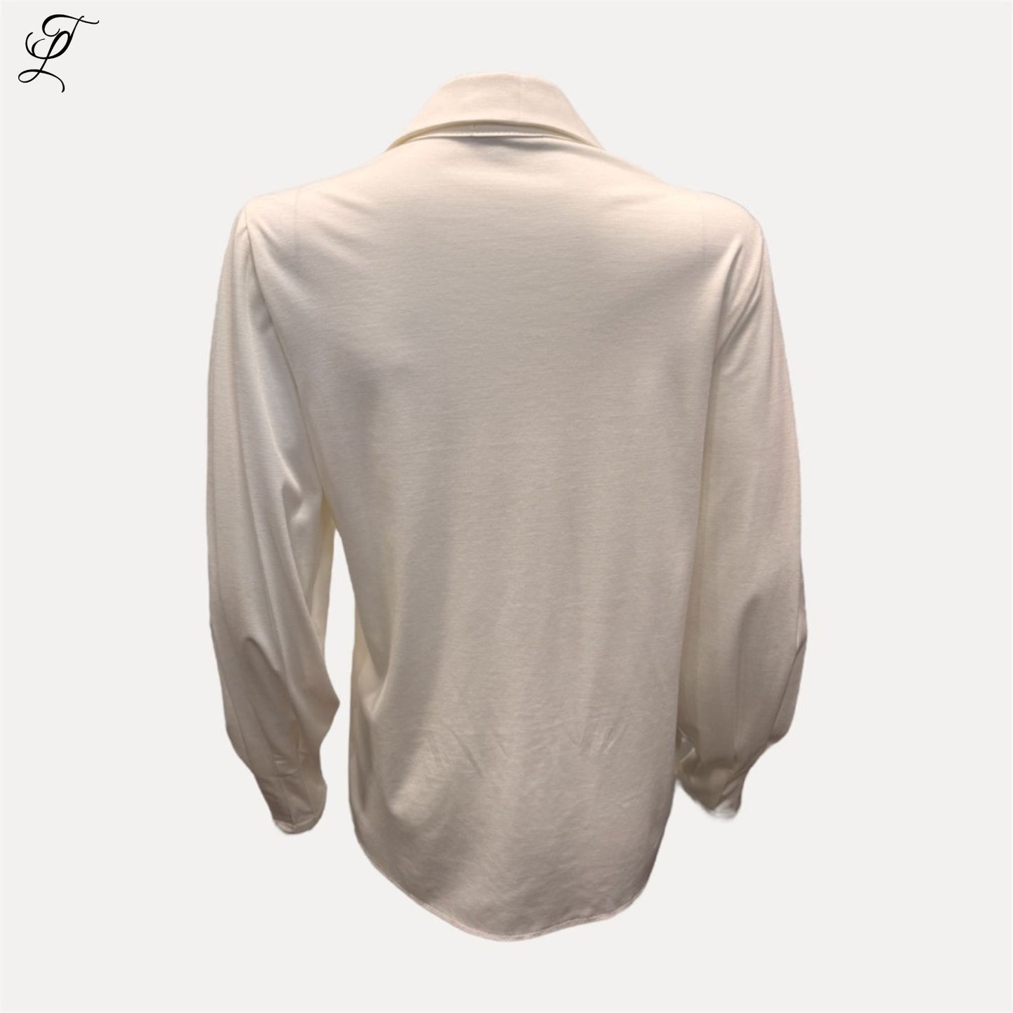 Chastar Tricot Blouse Amira in crème, licht glanzende stof, klassieke kraag en subtiel geplooide mouwen, elegant en comfortabel.