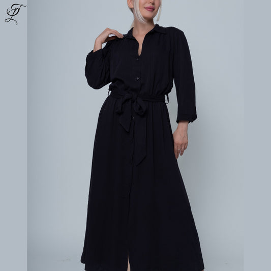 Elegante zwarte Chastar viscose blouse jurk met strikceintuur en knoopsluiting, perfect voor diverse gelegenheden - Jurken & Tunieken