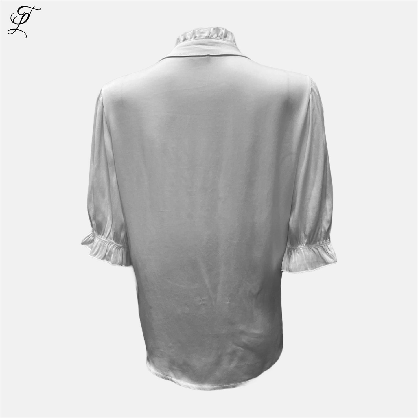 Chastar Zijde Viscose V-Top met elegante ruches en korte mouwen, getoond in witte kleur van achteren gezien