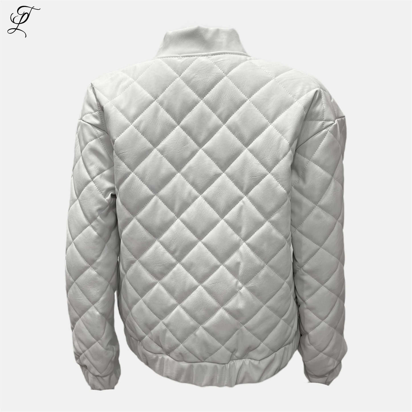 Chastar PU Leren Bomberjack in stijlvol wit, met luxe gewatteerd ruitpatroon, hoge kraag en elastische boorden. Achterkant toont klassieke bomberjack-snit met doorgestikte details en perfecte pasvorm. Jassen & Blazers, Collectie, Bestsellers, Chastar Kleding.