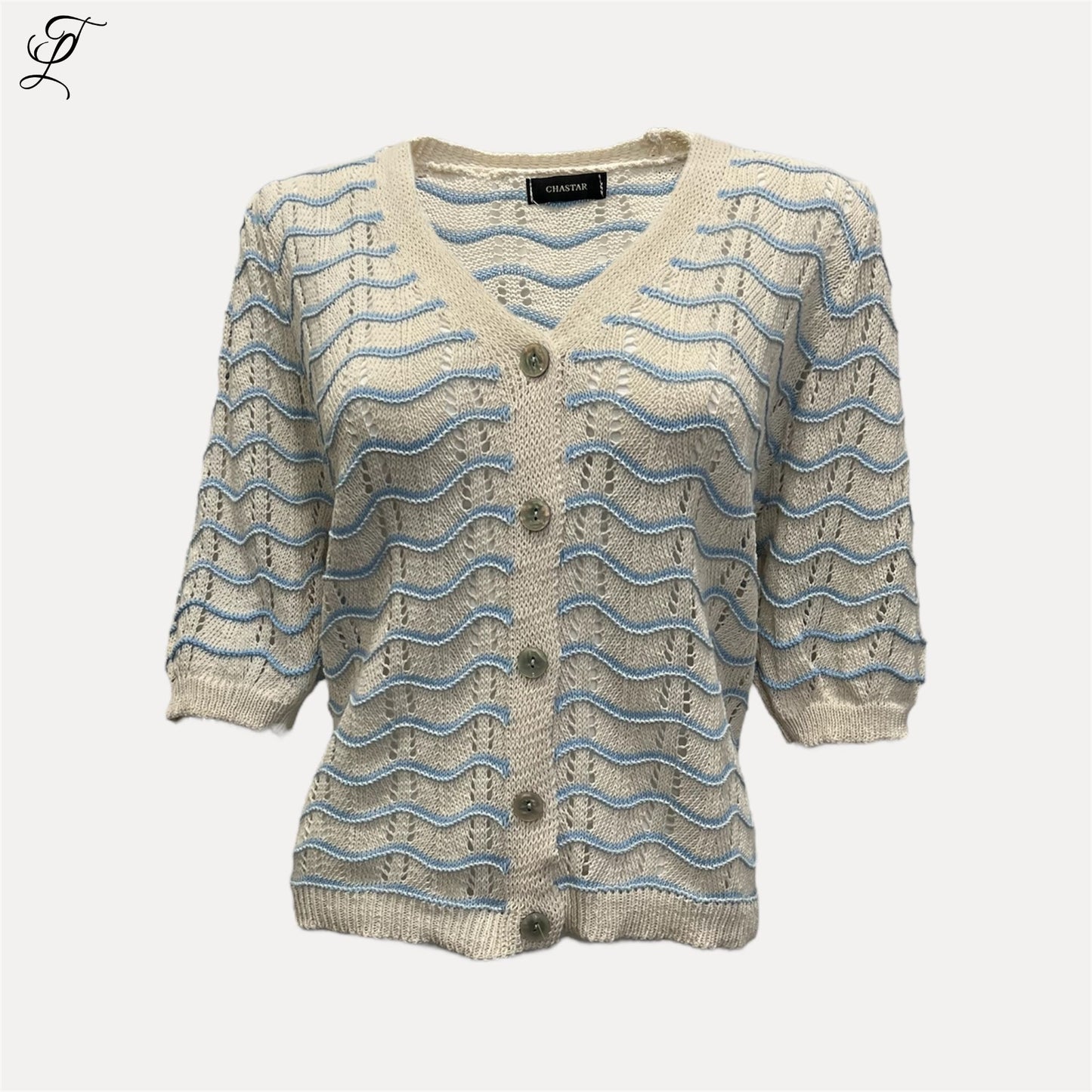 Chastar Wave Vest in beige met blauw golfpatroon, gebreid vest met knoopsluiting en korte mouwen