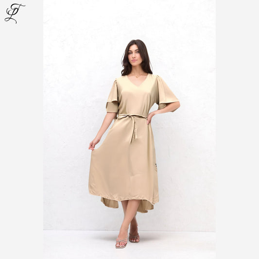 Chastar Lyocell Jurk Elara in zandbeige met ceintuur en wijde mouwen, elegant en comfortabel Jurken & Tunieken