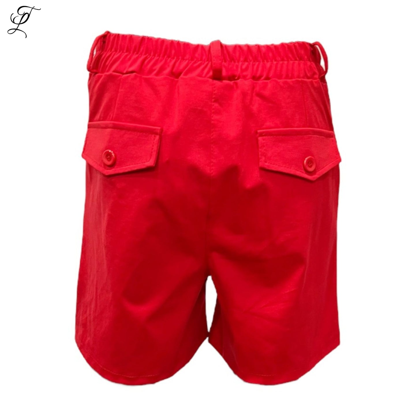Chastar Korte Broek in rood met elastische tailleband en speelse knoopzakken, ideaal voor warme zomerdagen.