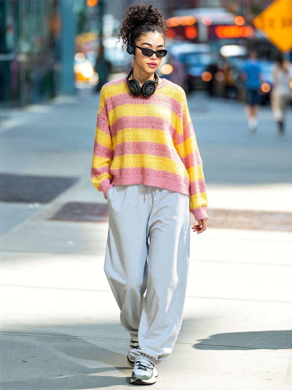 Vrouw met krullend haar draagt roze-geel gestreepte trui, grijze wijde broek en zwarte koptelefoon op stadsstraat.