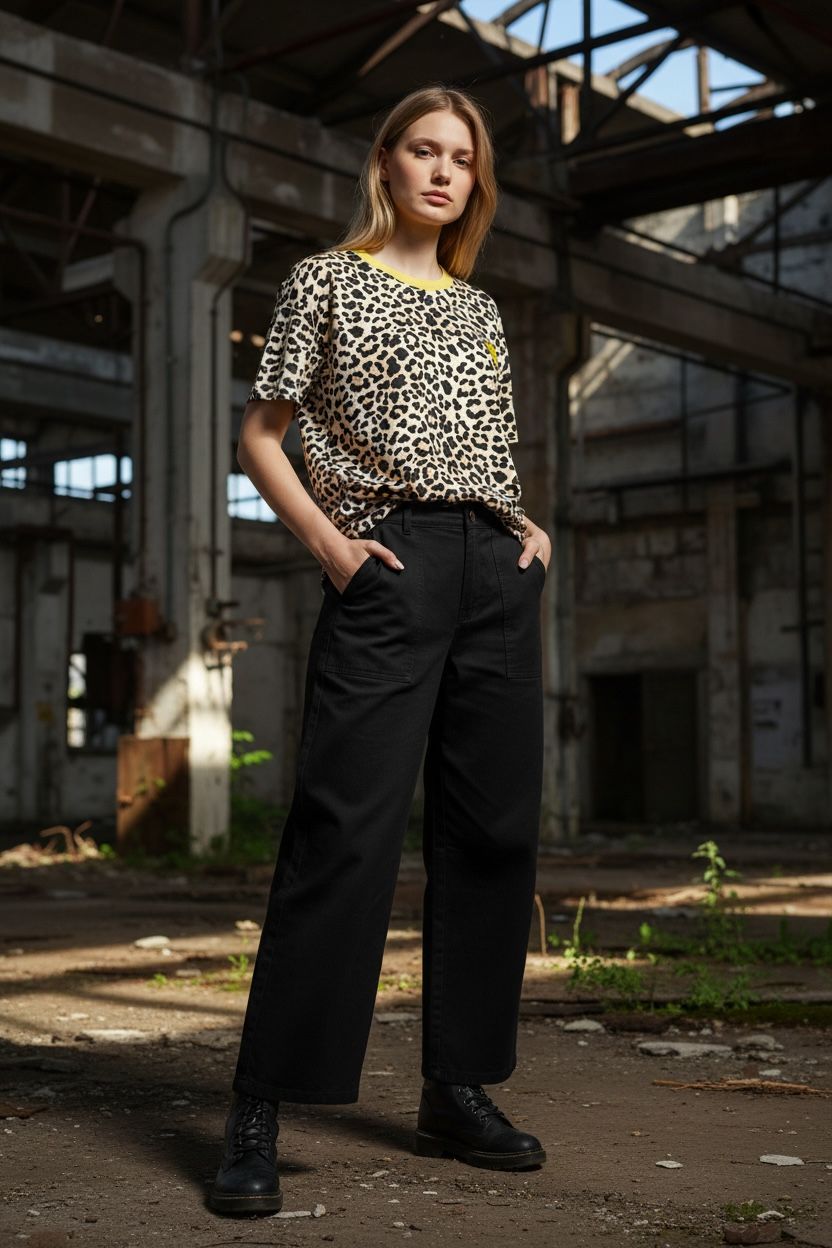 Vrouw draagt luipaardprint shirt met gele halslijn en zwarte wijde broek in industrieel, licht beschaduwd magazijn.
