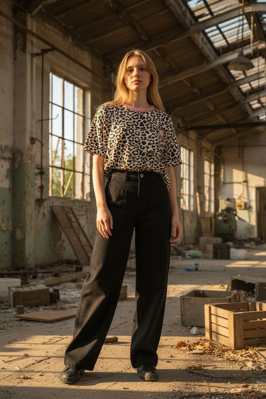 Vrouw met blond haar draagt een panterprint shirt en zwarte broek in een oud, industrieel pakhuis met lichtinval.