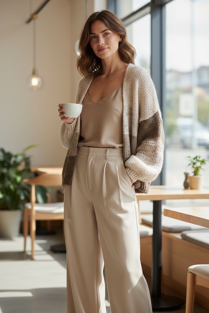 Vrouw draagt gebreide vest uit nieuwe collectie met beige en bruine tinten, stijlvol gecombineerd met lichte broek en top.
