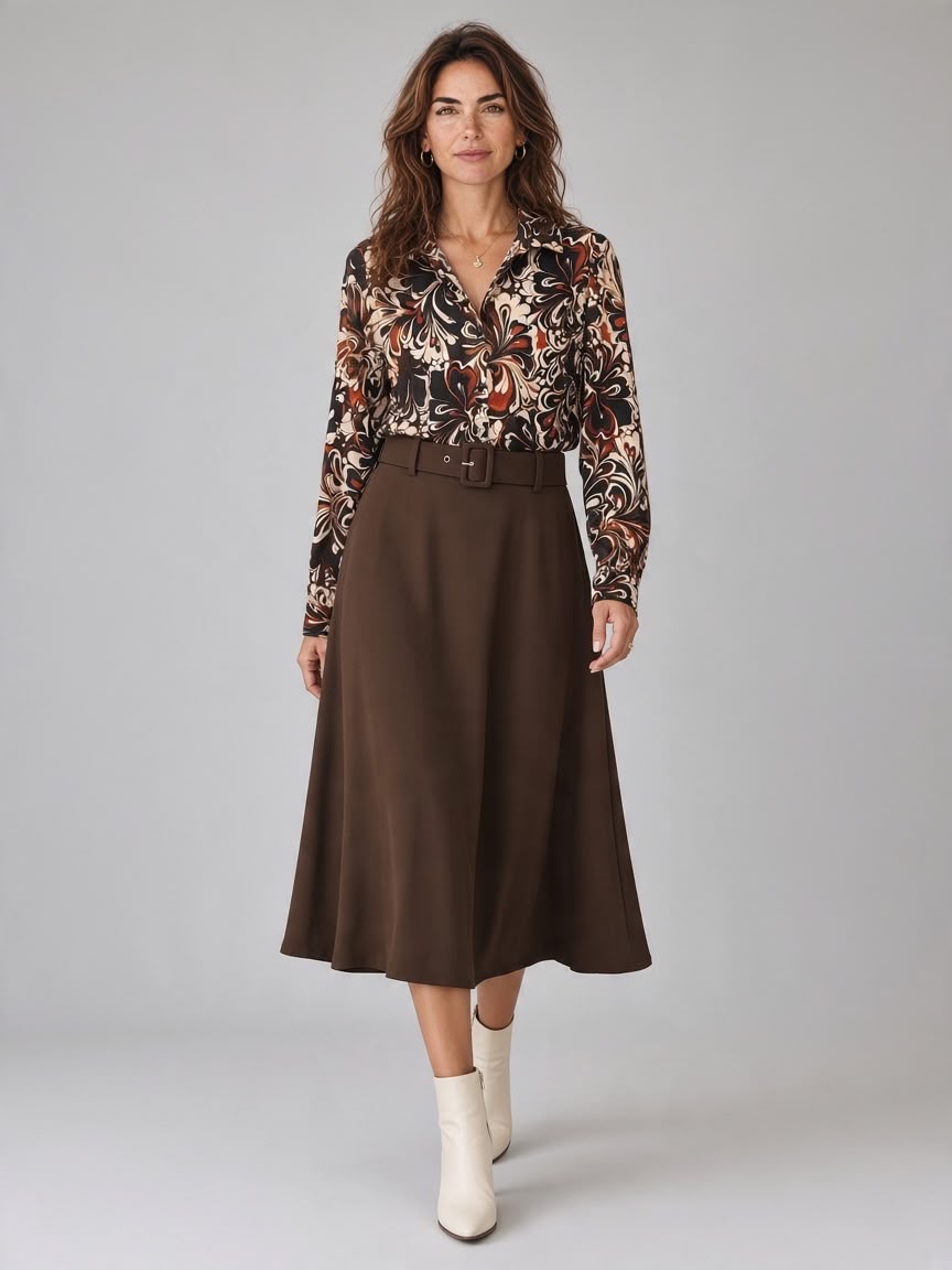 Chastar blouse Solenne in Bruin met bloemen- en bladprint, kraag en lange mouwen, vooraanzicht op model