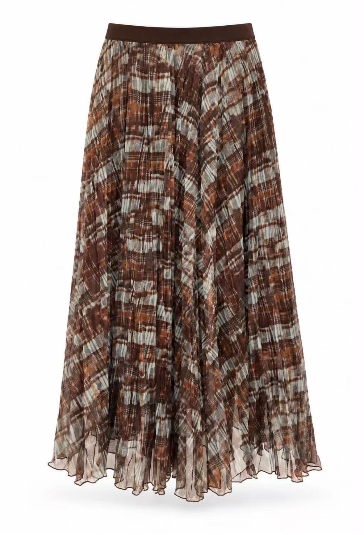 Chastar Rok Marjolaine in Bruin met abstract dessin, fijne plisséplooien en een effen tailleband, vooraanzicht