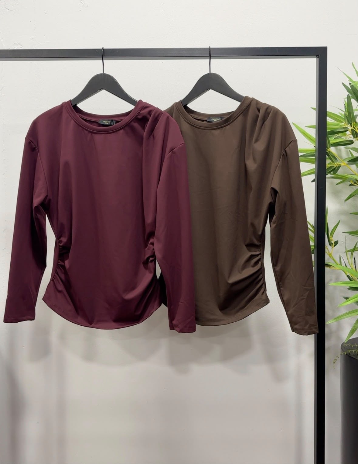 Chastar tops in Bordeaux en Choco Bruin met ronde hals, schouderplooien, lange mouwen en gerimpelde zijkanten.
