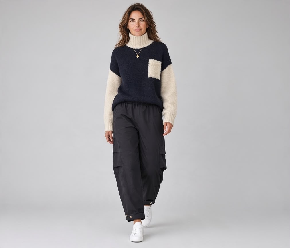 Chastar trui in Donker Blauw met lichte contrastmouwen en opgestikte borstzak, vooraanzicht op model