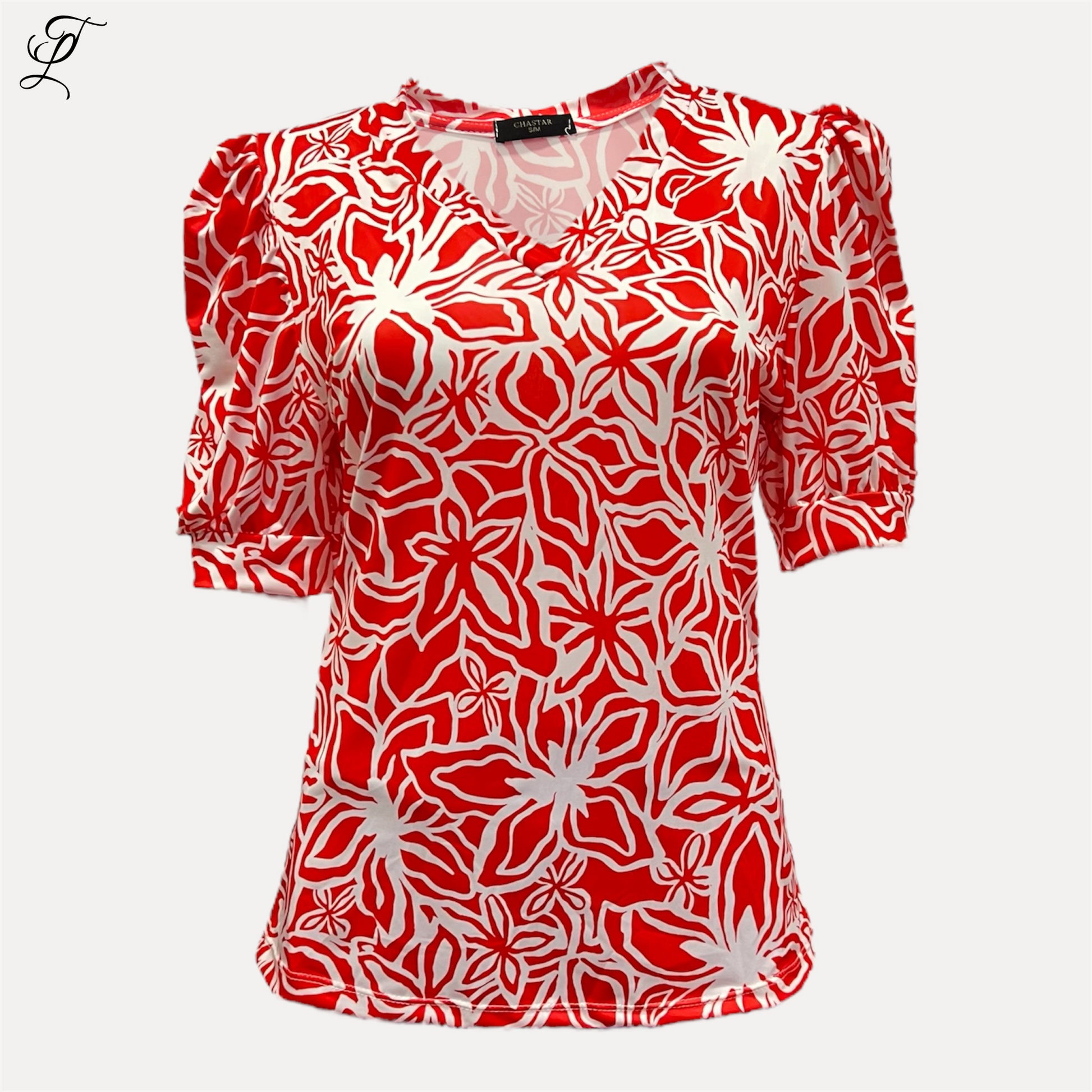Chastar Travel Top Isabella in rood-wit met bloemenprint en pofmouwen, elegante V-hals top voor veelzijdige styling