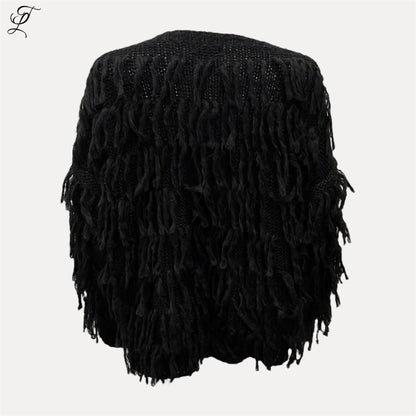 Zwart Chastar Fringe Knit Vest met losse breisel en decoratieve franjes uit de herfstcollectie, één maat passend.