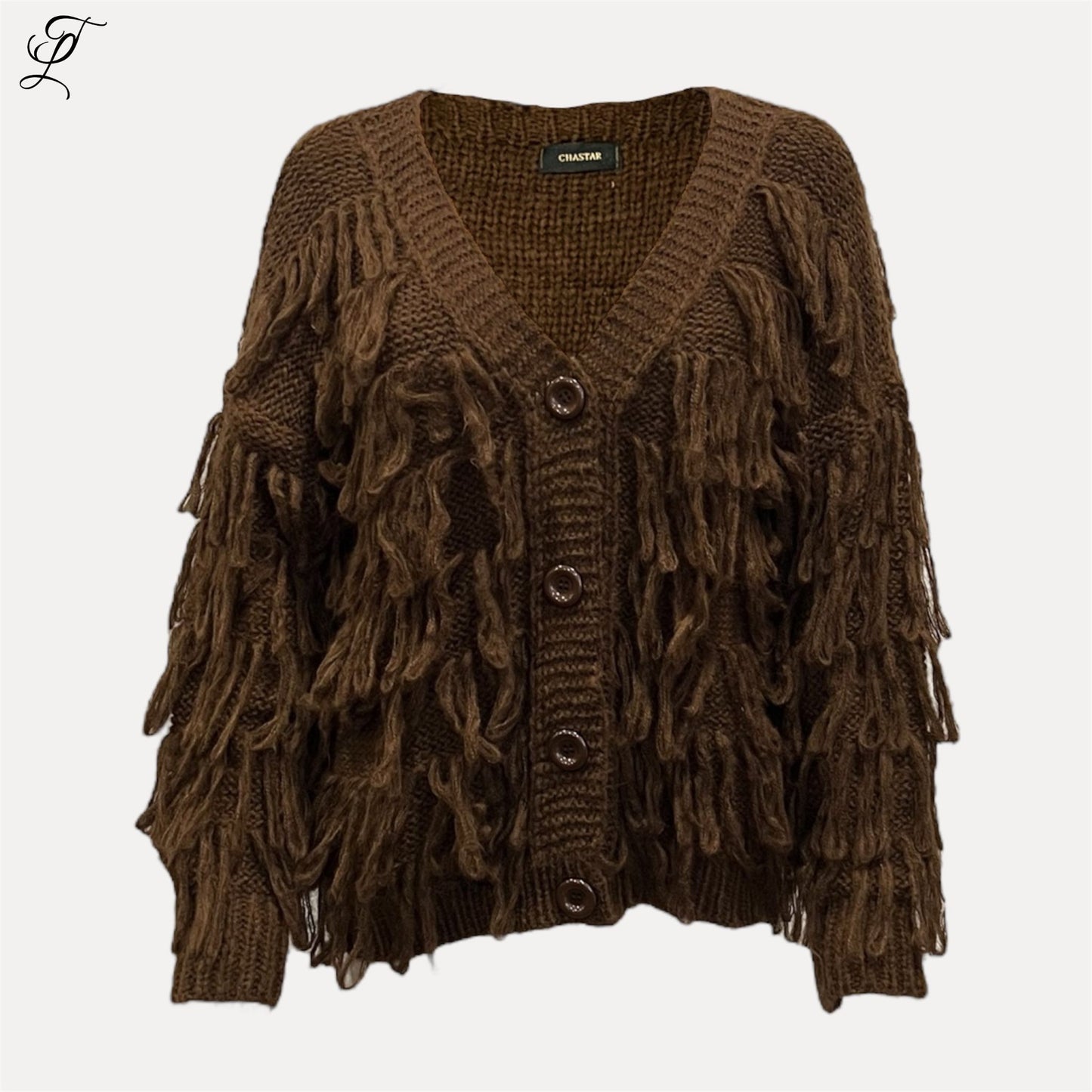 Chastar Fringe Knit Vest in bruin met losse breisels en decoratieve franjes, V-hals en knoopsluiting, herfst collectie.