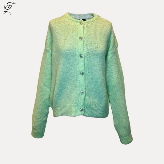 Chastar Gebreide Vest in mintgroen met gele kleurovergang, voorzien van glanzende knopen. Comfortabel gebreid vest met ronde hals en lange mouwen. Trendy casual design met subtiele glitters. Perfect voor dagelijks gebruik. Vesten, Collectie