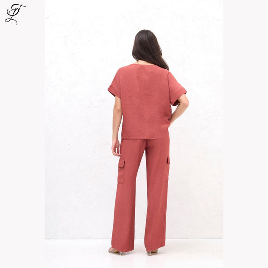 Chastar Viscose Linnen Broek in roest met losse pasvorm en cargo zakken, comfortabel en stijlvol, Chastar Shop Broeken Viscose