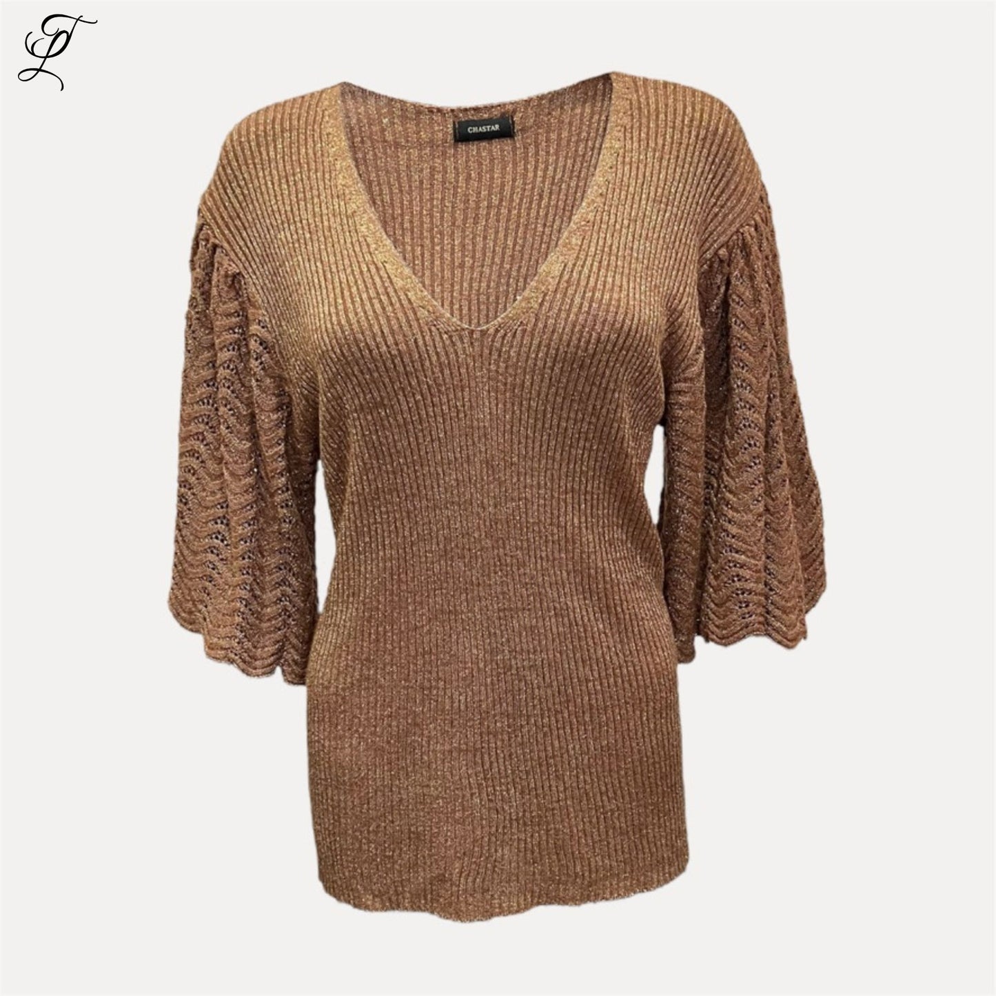 Chastar Viscose Topje met V-hals en ajourmouwen met glitterdraad voor een feestelijke en comfortabele look.