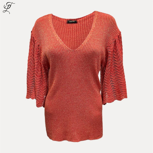 Chastar Viscose Topje met V-hals en ajourmouwen met glitter, perfect voor een chique en comfortabele look.