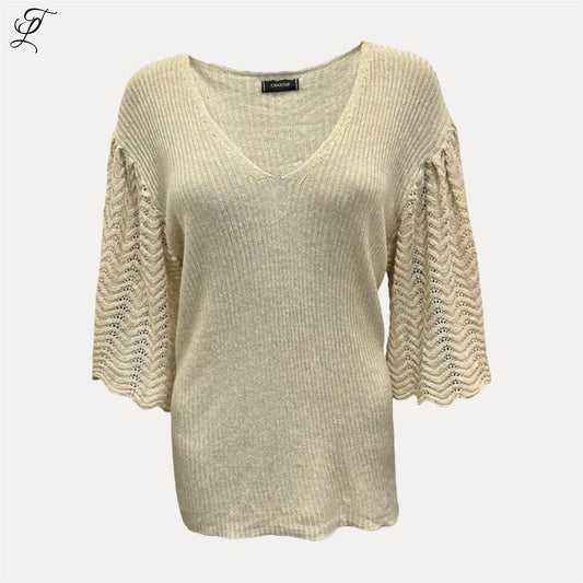 Chastar Viscose Topje met V-hals en opvallende ajourmouwen met glitter, elegant en comfortabel in beige.