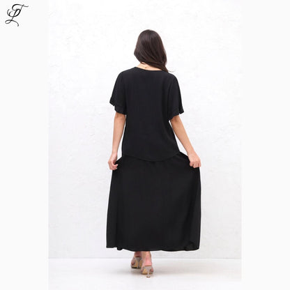 Chastar Viscose Set Isabelle in zwart, soepelvallende top met ruches en bijpassende rok voor elegante vrouwelijke look Sets Chastar Viscose