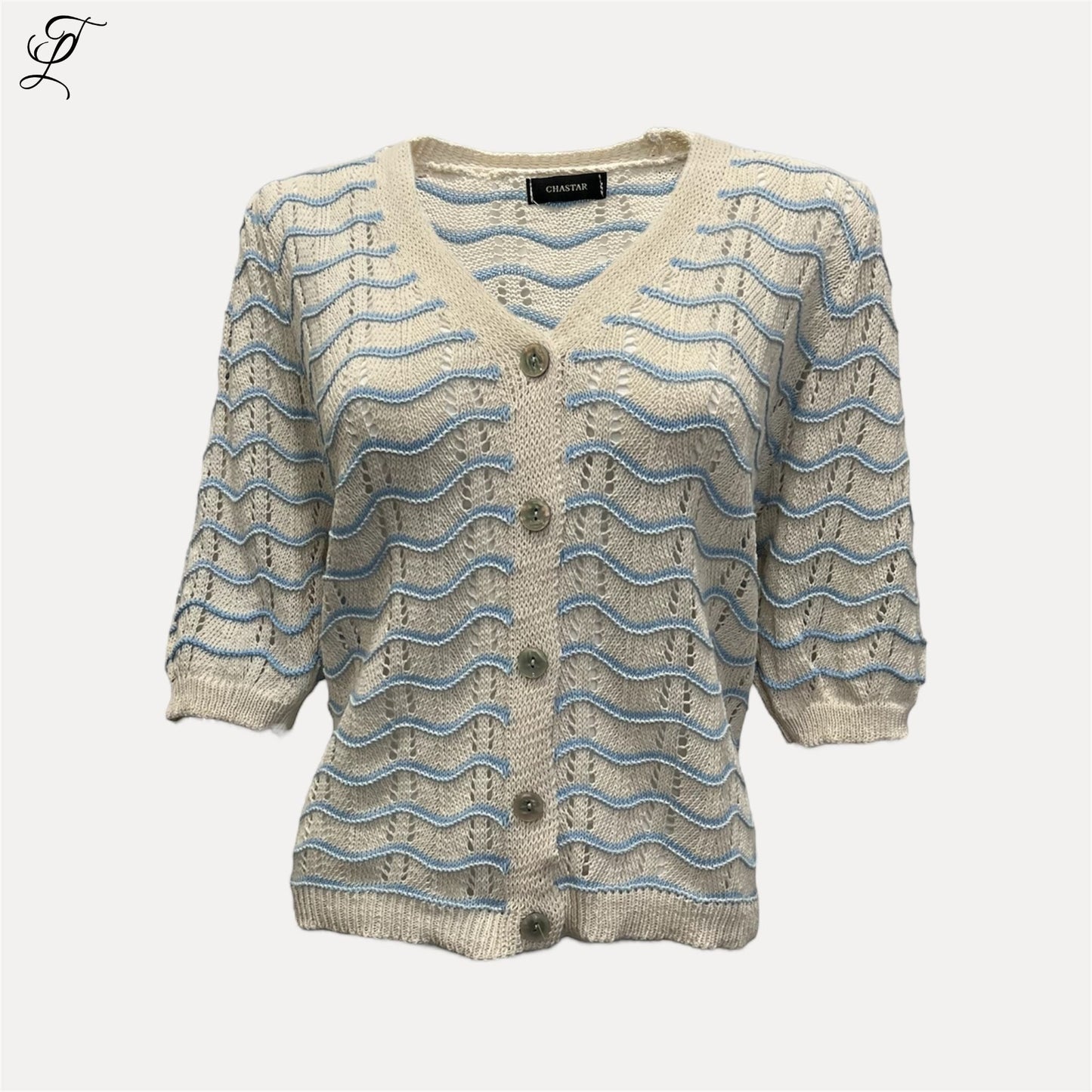 Chastar Wave Vest in beige met blauw golfpatroon, gebreid vest met knoopsluiting en korte mouwen