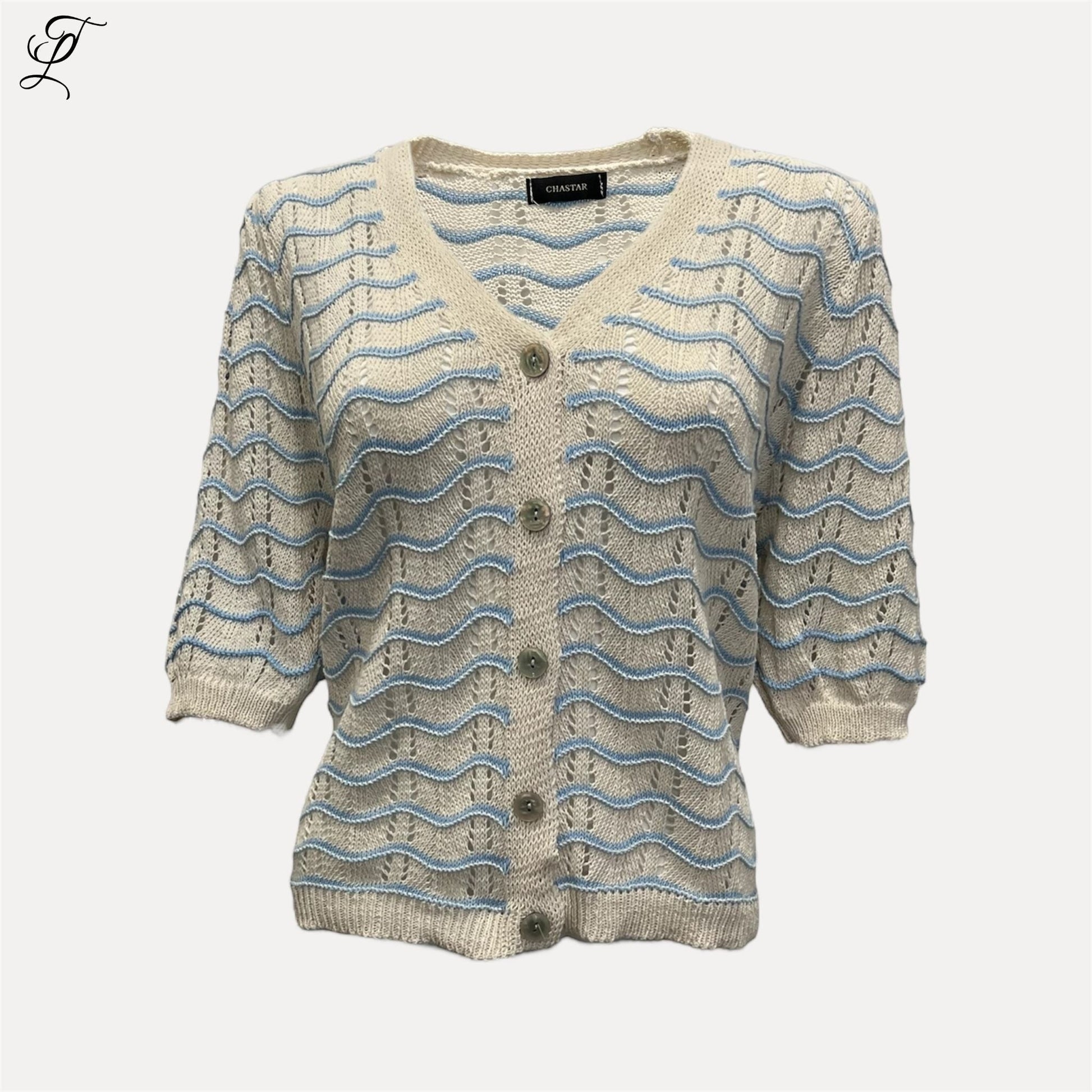 Chastar Wave Vest in beige met blauw golfpatroon, gebreid vest met knoopsluiting en korte mouwen