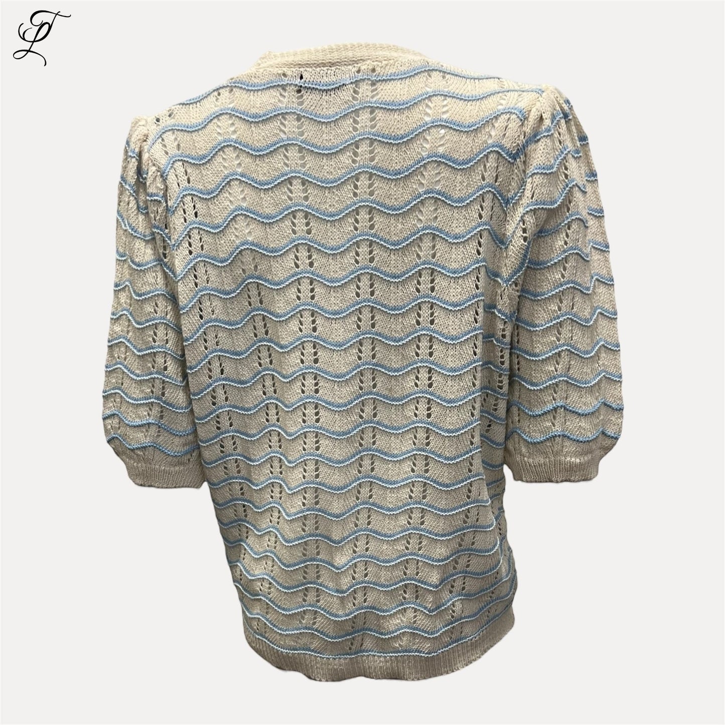 Chastar Wave Vest in beige en blauw met golfpatroon, gebreid vest met knoopsluiting en driekwart mouwen