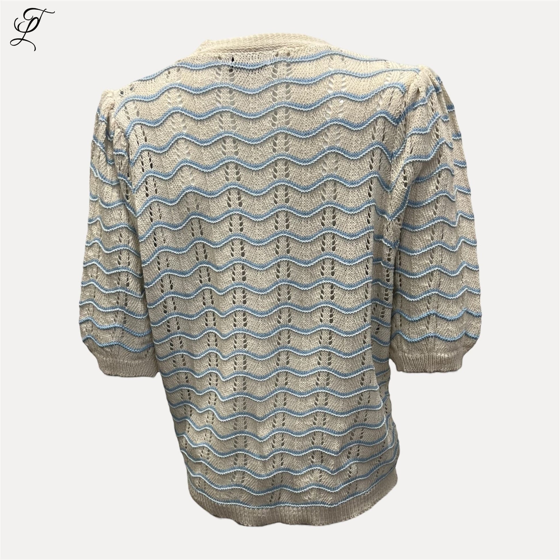 Chastar Wave Vest in beige en blauw met golfpatroon, gebreid vest met knoopsluiting en driekwart mouwen