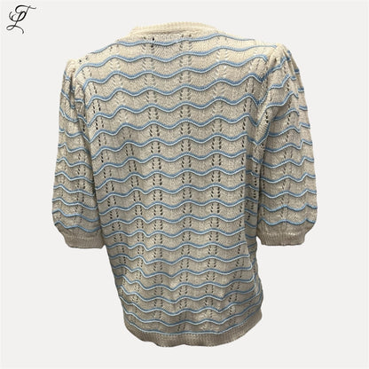 Chastar Wave Vest in beige en blauw met golfpatroon, gebreid vest met knoopsluiting en driekwart mouwen