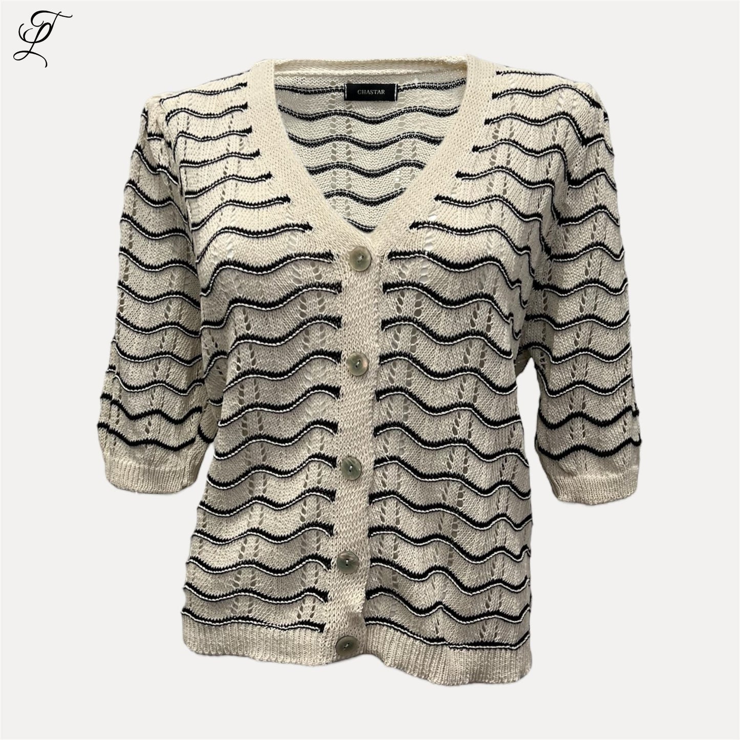 Chastar Wave Vest met golfpatroon in beige en zwart, gebreid vest met knoopsluiting en driekwart mouwen