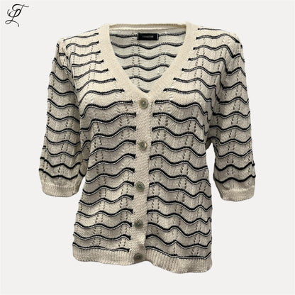 Chastar Wave Vest met golfpatroon in beige en zwart, gebreid vest met knoopsluiting en driekwart mouwen