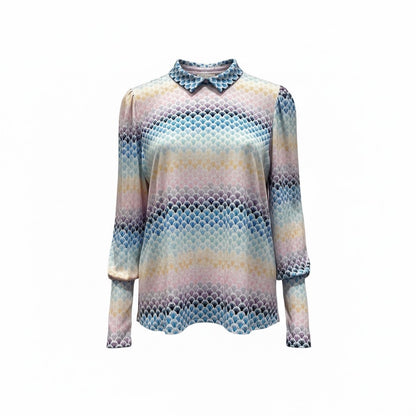 zachte top met kraag in maat s/m-l/xl-xxl van stretchy materiaal met patroon in pastelkleuren