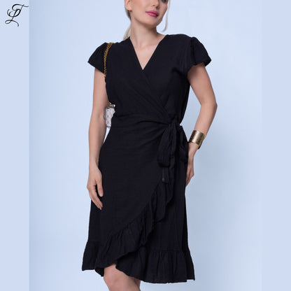 Chastar Viscose Wikkeljurk in zwart met elegante ruches en korte mouwen, stijlvol wikkelmodel voor een vrouwelijke uitstraling Jurken & Tunieken