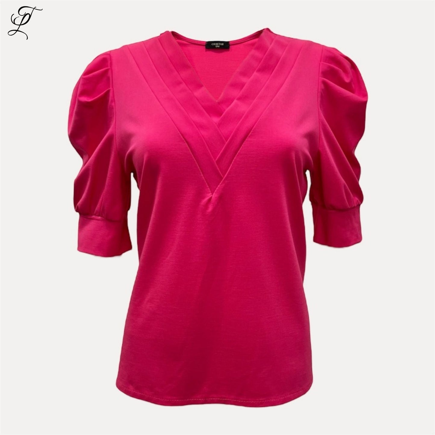 Chastar Pofmouw Tricot Top in felroze met V-hals en lichte pofmouwen voor een stijlvolle, comfortabele look.