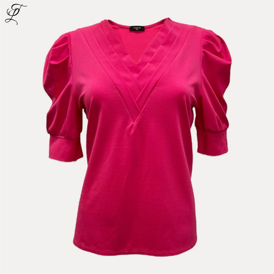 Chastar Pofmouw Tricot Top in felroze met V-hals en lichte pofmouwen voor een stijlvolle, comfortabele look.