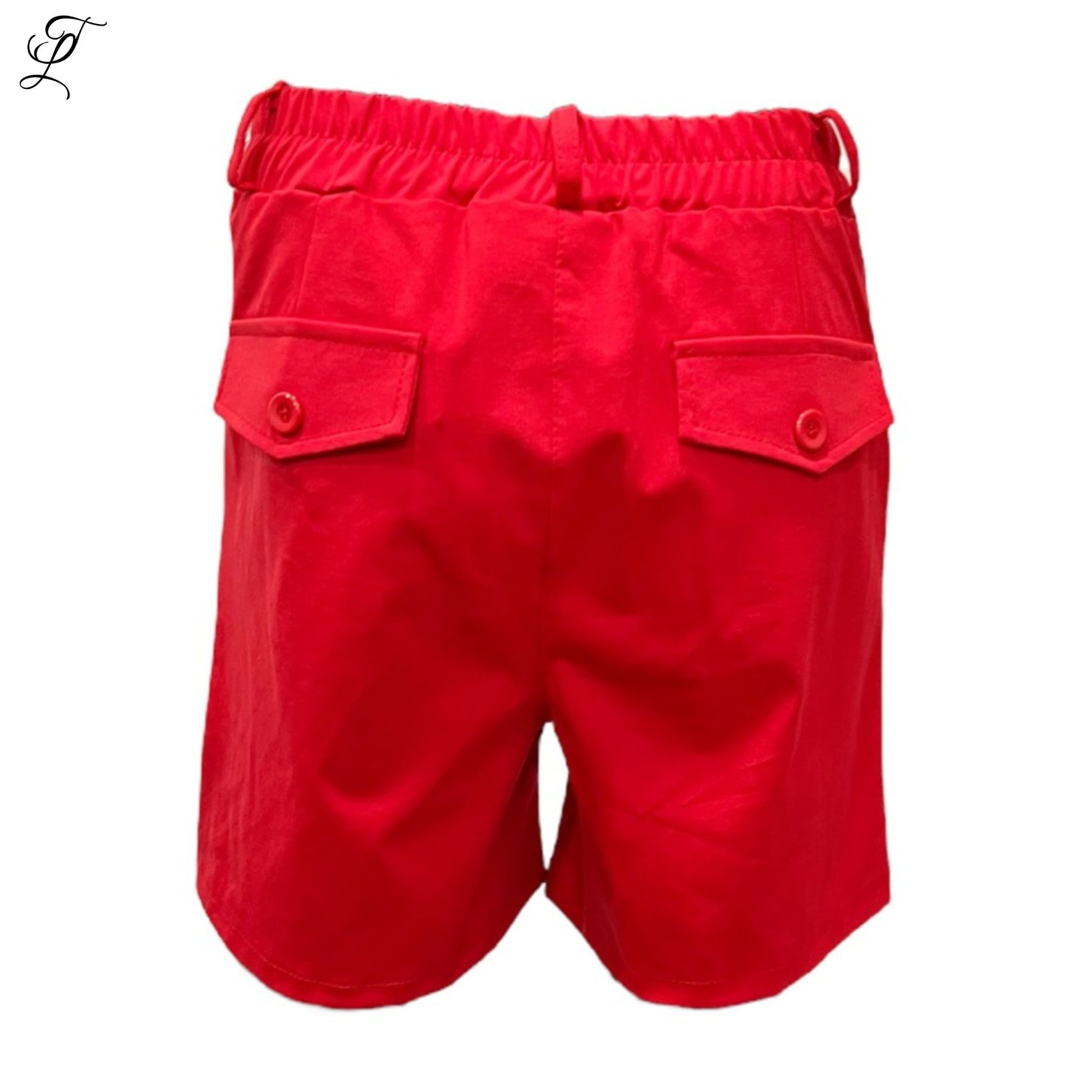 Chastar Korte Broek in rood met elastische tailleband en speelse knoopzakken, ideaal voor warme zomerdagen.
