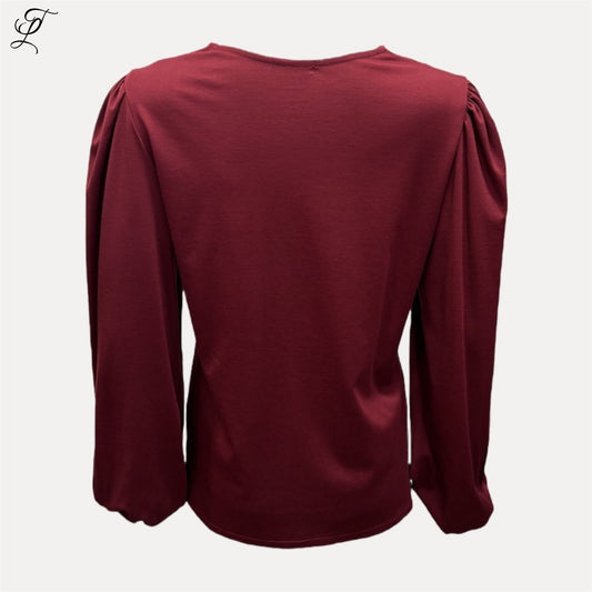 Bordeaux Chastar Tricot Top Mila met lange pofmouwen en zachte stretch, elegante en comfortabele damestop.