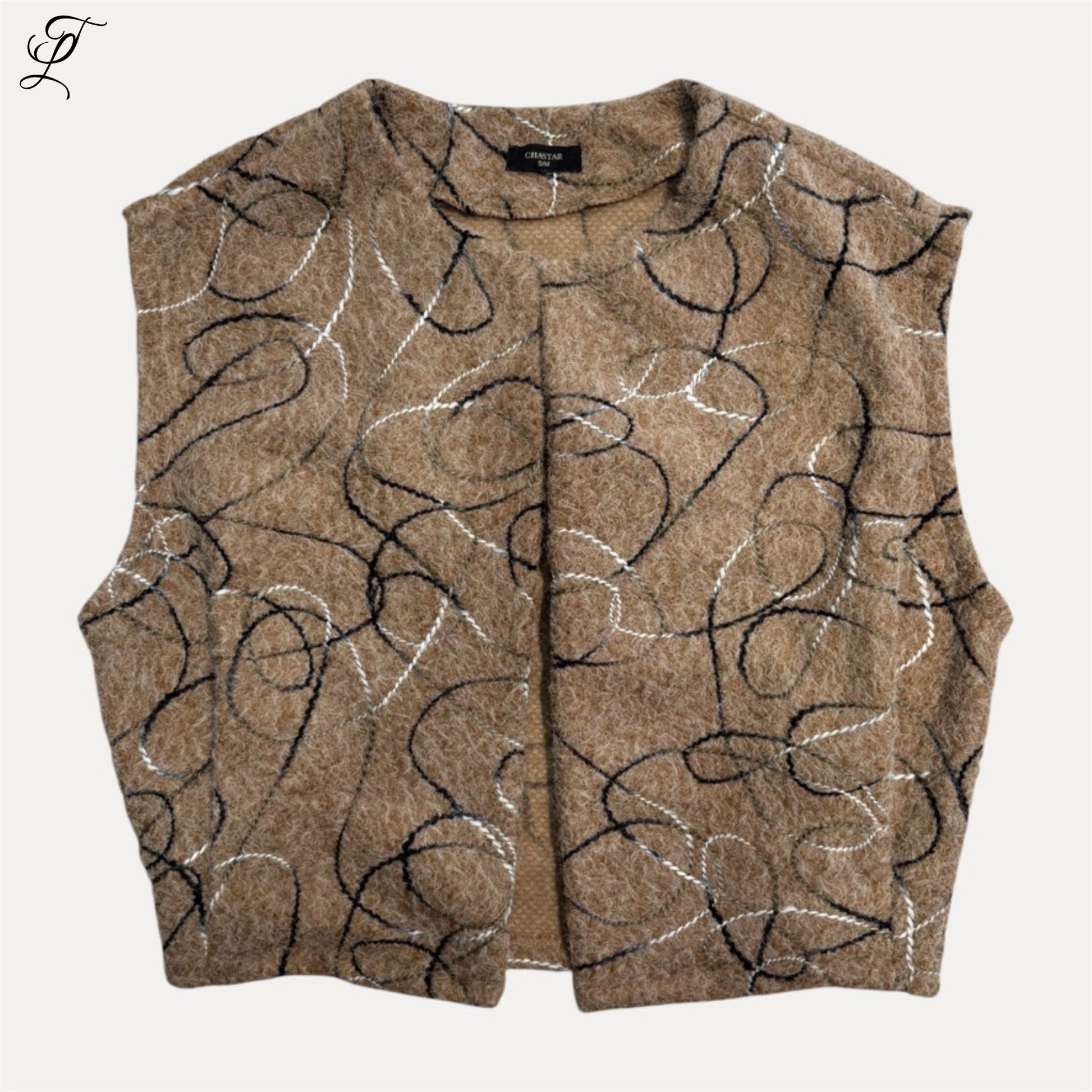 Beige Chastar gilet met abstract borduurpatroon, warme stof, stijlvolle en moderne uitstraling voor diverse gelegenheden.