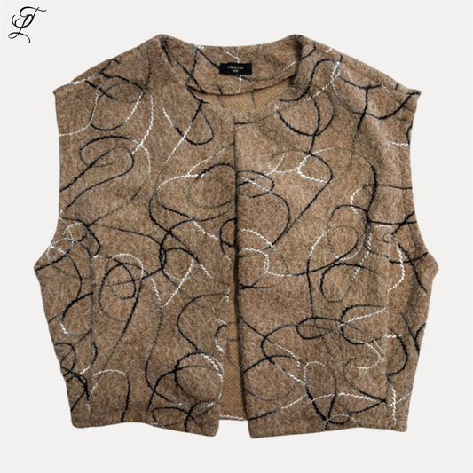 Beige Chastar gilet met abstract borduurpatroon, warme stof, stijlvolle en moderne uitstraling voor diverse gelegenheden.