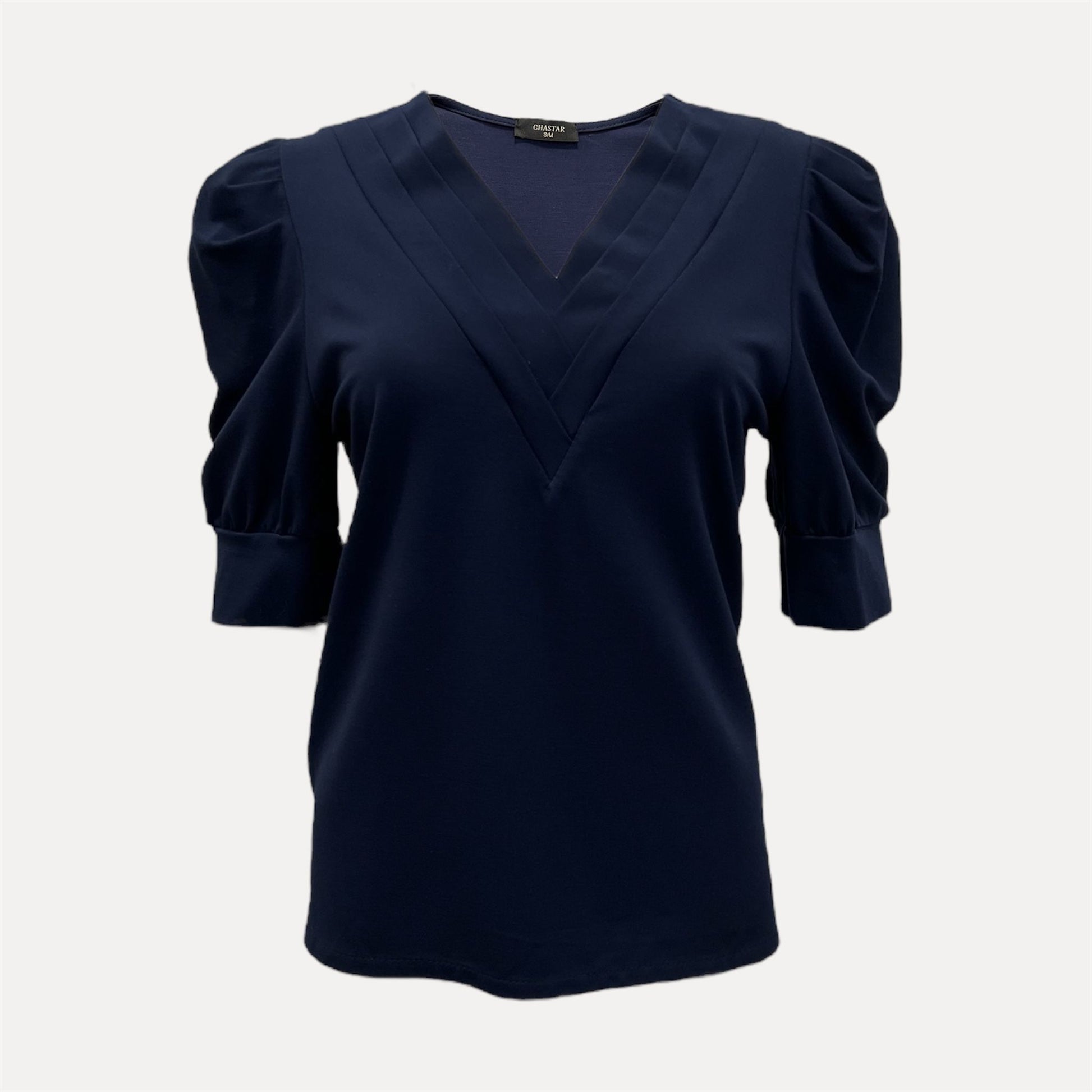 Chastar Pofmouw Tricot Top met V-hals en lichte pofmouwen, comfortabel en stijlvol voor elke gelegenheid.