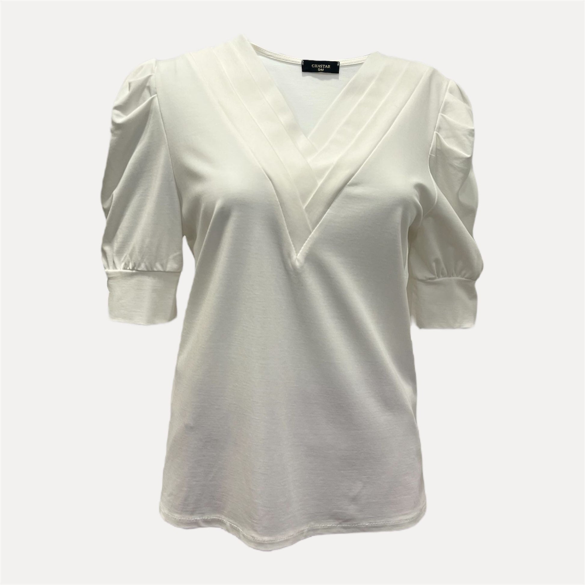 Chastar Pofmouw Tricot Top in wit met V-hals en licht gepofte mouwen voor een stijlvolle, comfortabele look.