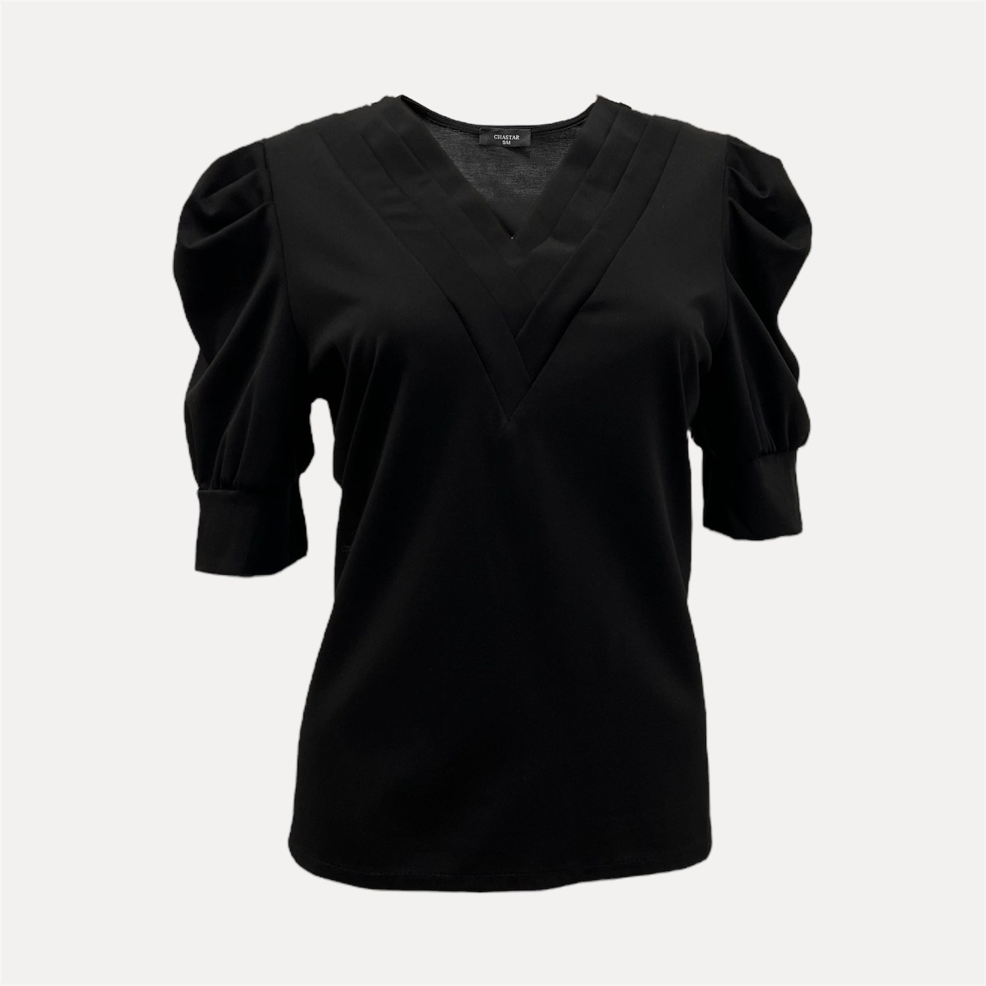 Chastar Pofmouw Tricot Top in zwart met V-hals en licht gepofte mouwen voor een stijlvolle, comfortabele look.
