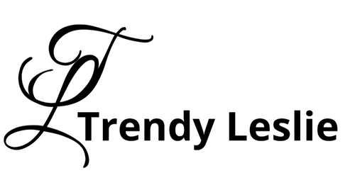 Zwart logo met sierlijke letter T naast tekst Trendy Leslie in strakke letters op witte achtergrond