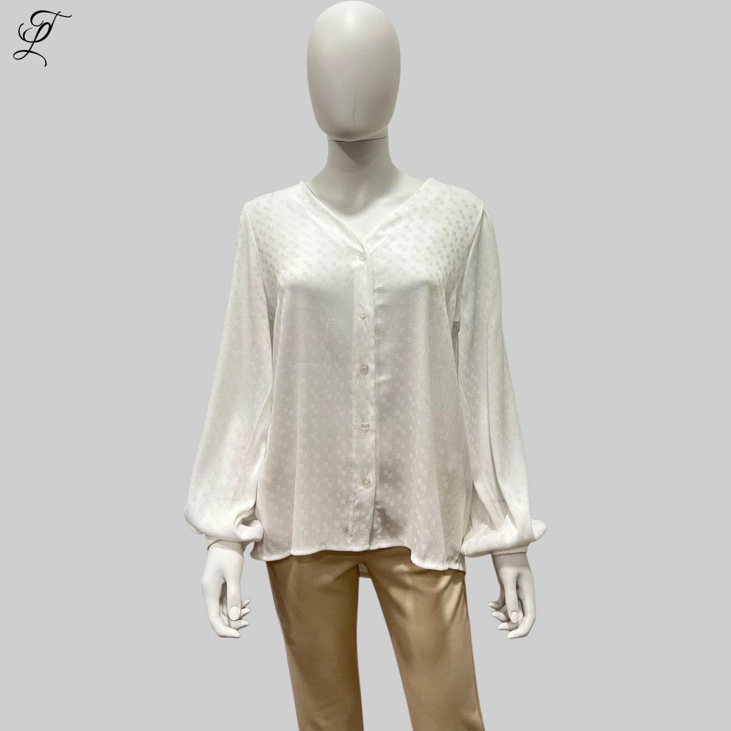 Chastar V-Hals Blouse in stralend off-white met subtiele stippenprint, lange mouwen met elastische manchetten en knoopsluiting. Elegante V-hals en luchtige pasvorm voor veelzijdige styling. Perfect voor casual en formele looks. Blouses, Collectie