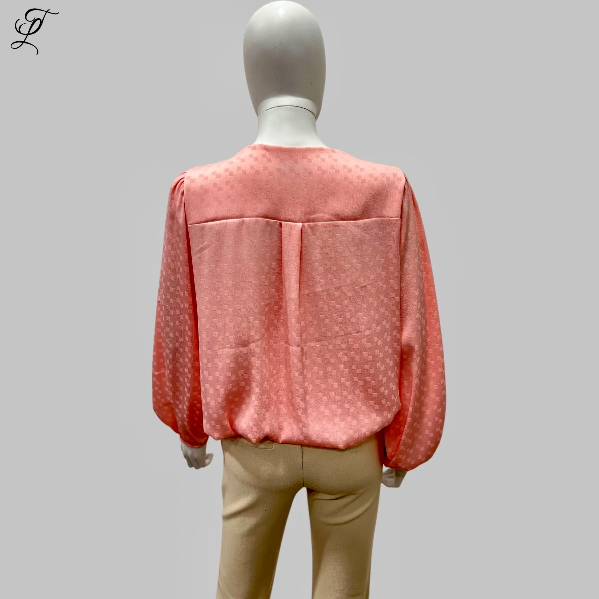 Chastar V-Hals Blouse in zalmroze met subtiel ingeweven patroon, elastische manchetten en knoopsluiting. Elegante blouse met lange mouwen en luchtige pasvorm, gefotografeerd op een mannequin. Blouses, Collectie