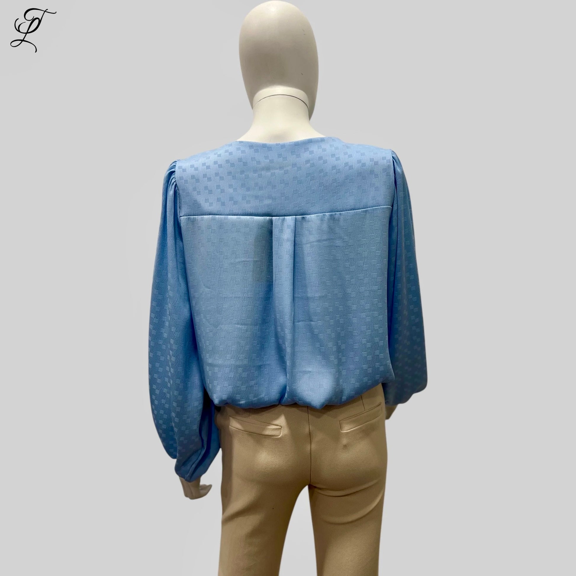 Chastar V-Hals Blouse in lichtblauw met subtiel patroon, gefotografeerd vanaf de achterkant op een etalagepop. De blouse toont elegante pofmouwen met elastische boorden en een losvallend silhouet met rugplooi. Perfecte casual-chique uitstraling. Blouses, Collectie