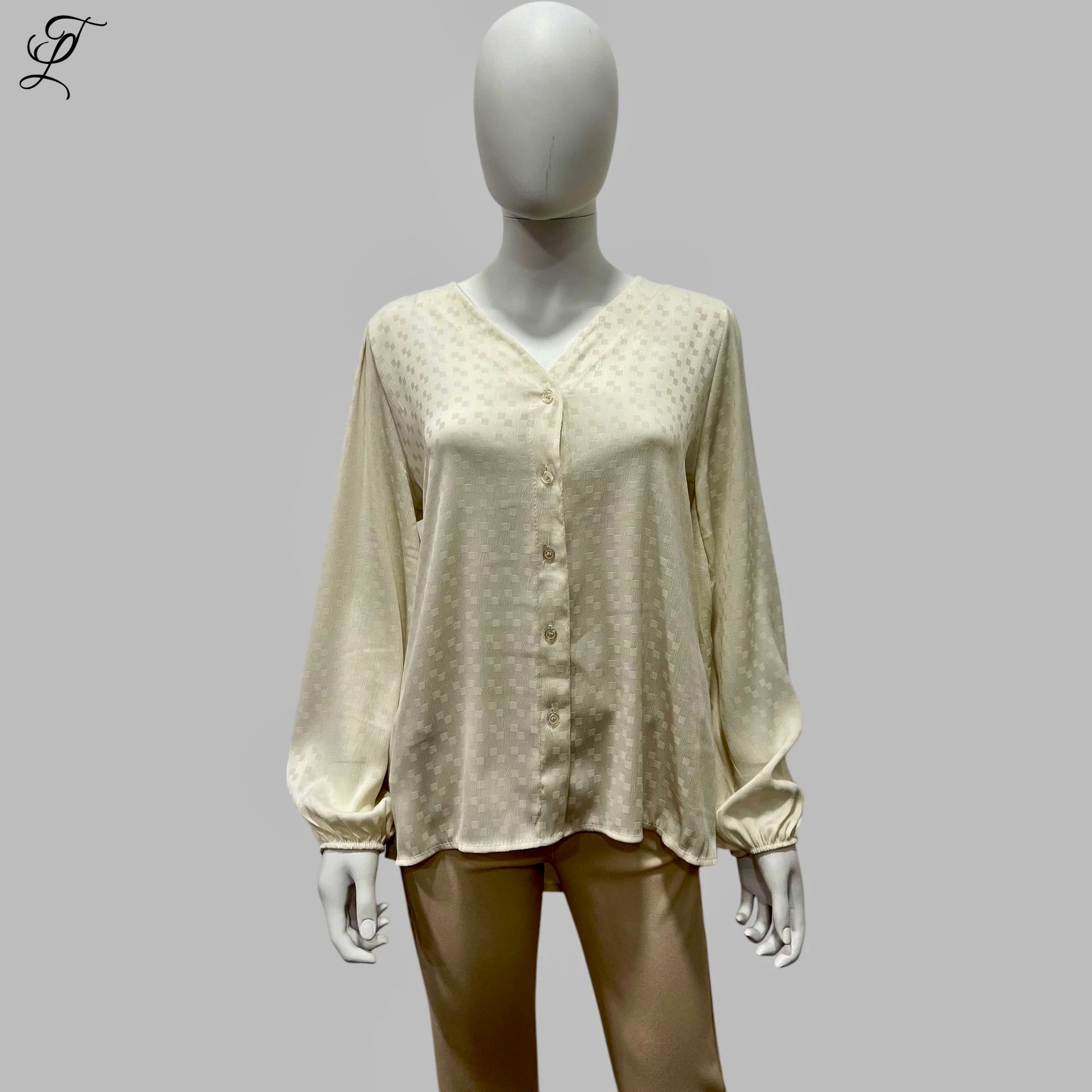 Chastar V-Hals Blouse in off-white met subtiel stippenpatroon, lange mouwen met elastische manchetten en V-hals met knoopsluiting. Luchtige stof voor een elegante uitstraling. Perfect voor casual en formele looks. Blouses, Collectie